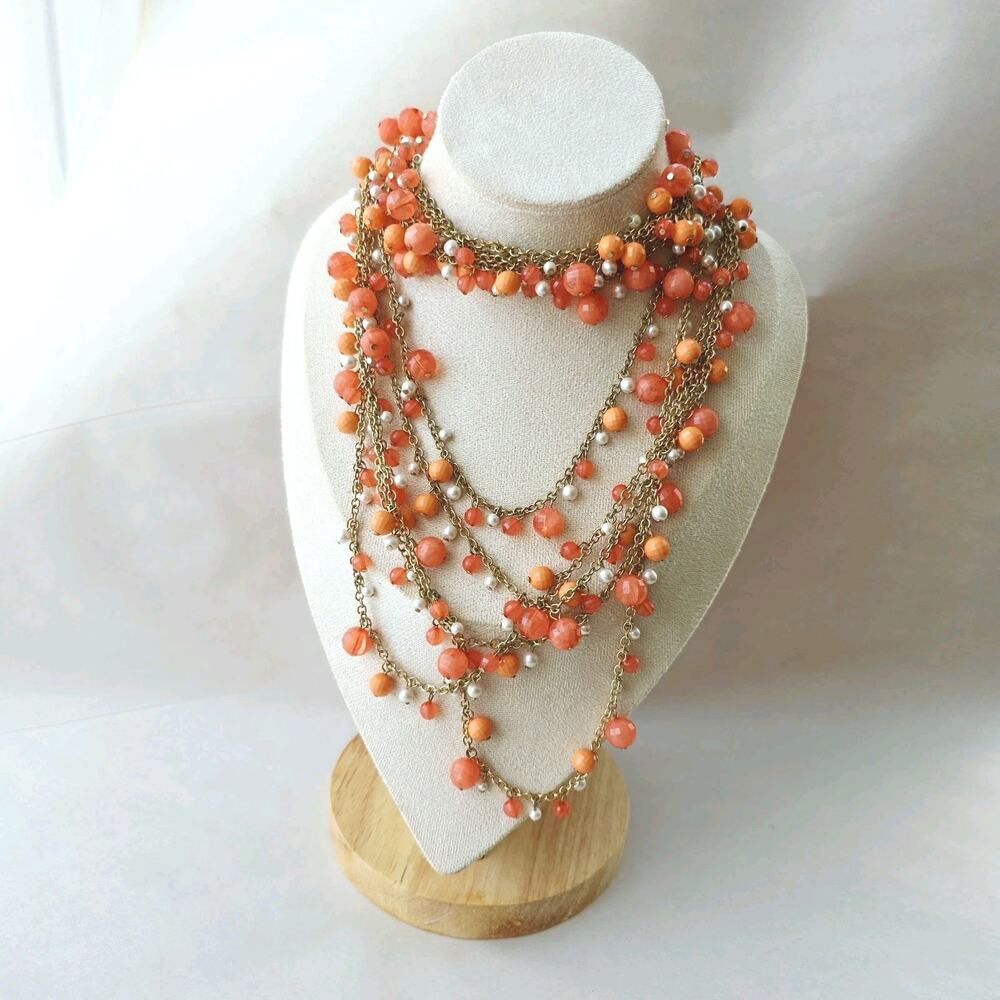 Coral And Orange Beaded Graziano Signed Layered Necklace Dangle